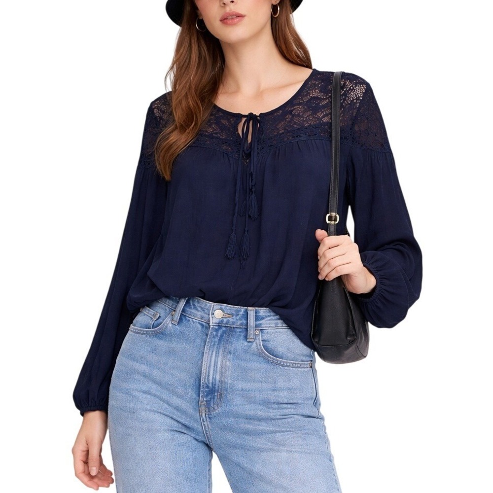 August‎ Silk Whimsigoth Black Lace Yoke Pleated Sleeve Tie Neck Blouse XL  New